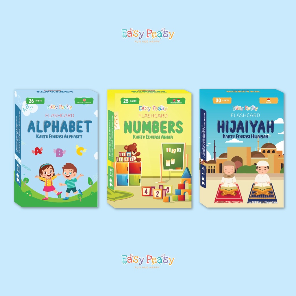 Easy Peasy - Flashcard isi 3 Box - Flashcard Alphabet Number & Hijaiyah Abjad Huruf Arab Angka 123 i