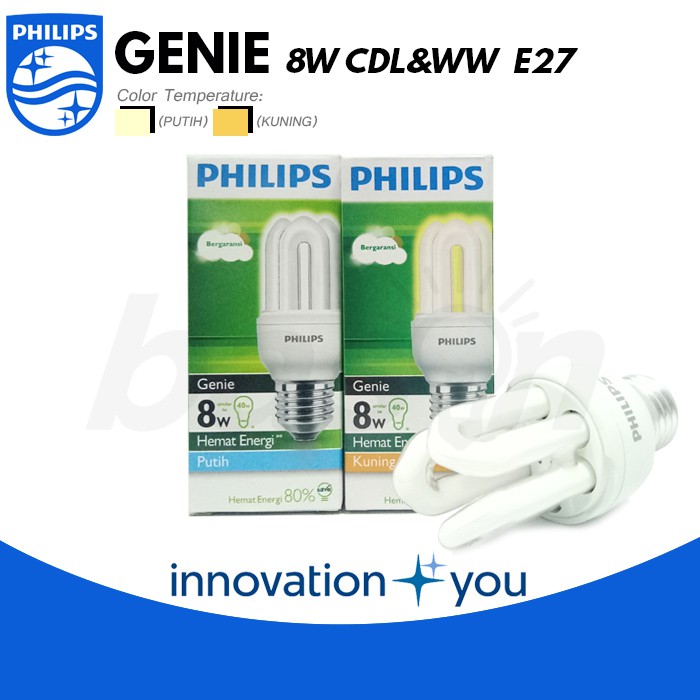 PHILIPS Essential Genie 8W E27 - Lampu Hemat Energi - Cahaya Kuning atau Putih