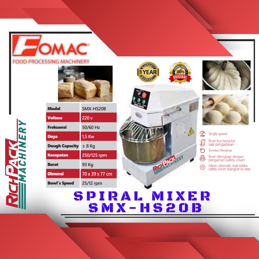 SPIRAL MIXER MESIN PENGADUK ADONAN SPIRAL 20 Liter SMX-HS20B FOMAC
