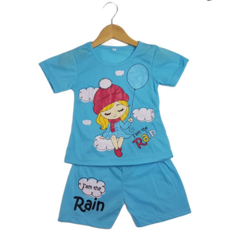 SETELAN BAJU ANAK PEREMPUAN SIKUNING NEW MOTIF RAIN GIRL 2-6 TAHUN