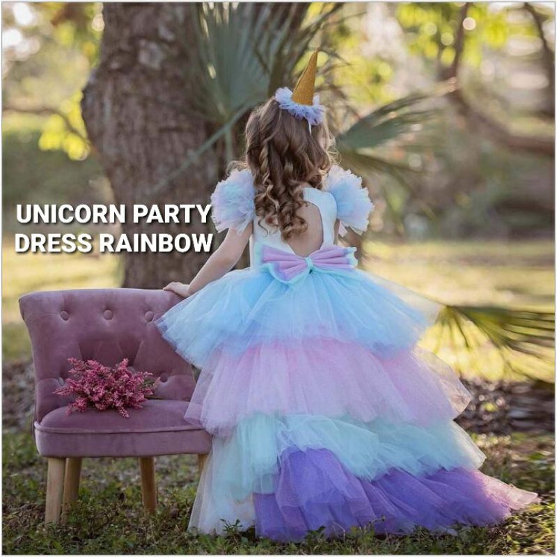 UNICORN PARTY DRESS RAINBOW / GAUN PESTA TUTU ANAK PEREMPUAN MOTIF UNICORN IMPORT BAGUS