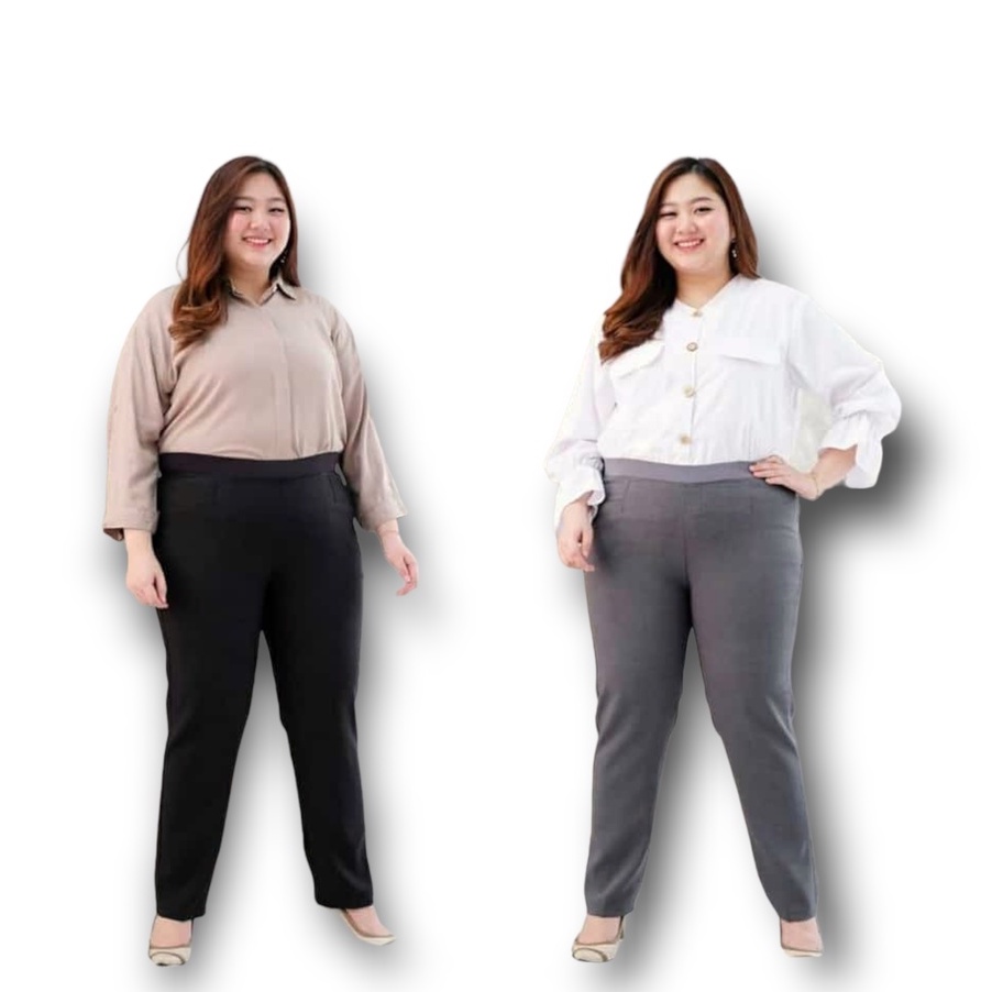 Office Pants Jumbo Celana Kerja Wanita Pinggang Karet High Waist Bahan Gracella Import Size M - 5L Varian Warna Black Mocca Brown Navy Grey Darkgrey