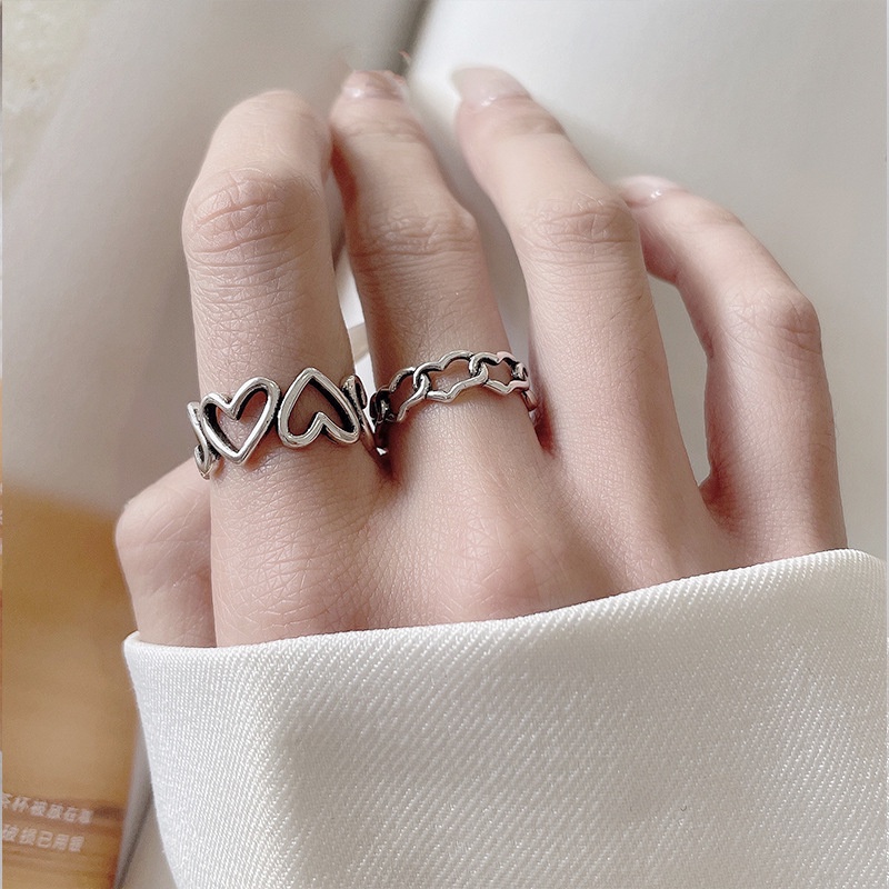 Set Cincin Jari Bentuk Hati Model Hollow Out Warna Silver Untuk Wanita