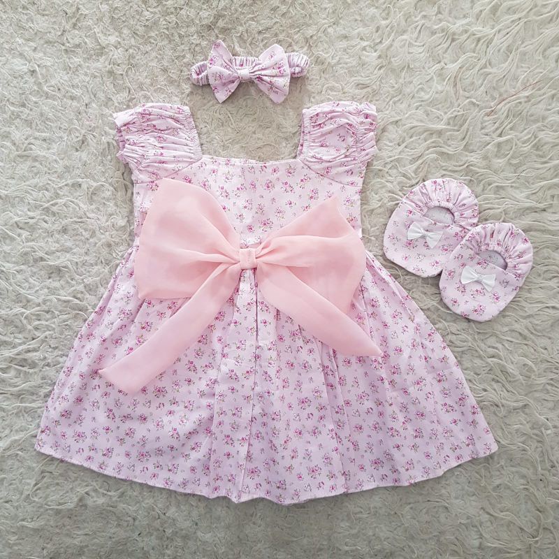 Dress bayi 0 6 12 bulan set sepatu bandana / bonnet Setelan Baju bayi Perempuan 100% Katun SNI Pakaian anak Cewek-0-6bln pita pink