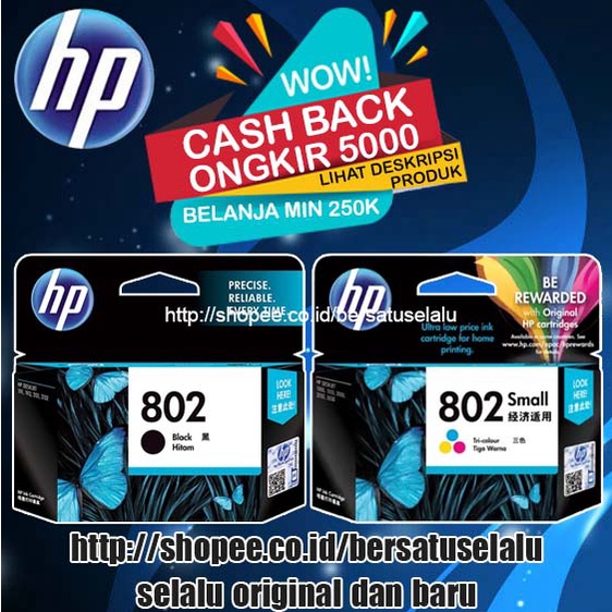 Tinta HP 802 Cartridge Black / HP802 Color Original Printer HP 1000 1010 1050 1510 2000 2010 2050 2060 3000 3050 WOW Cash Back 5K