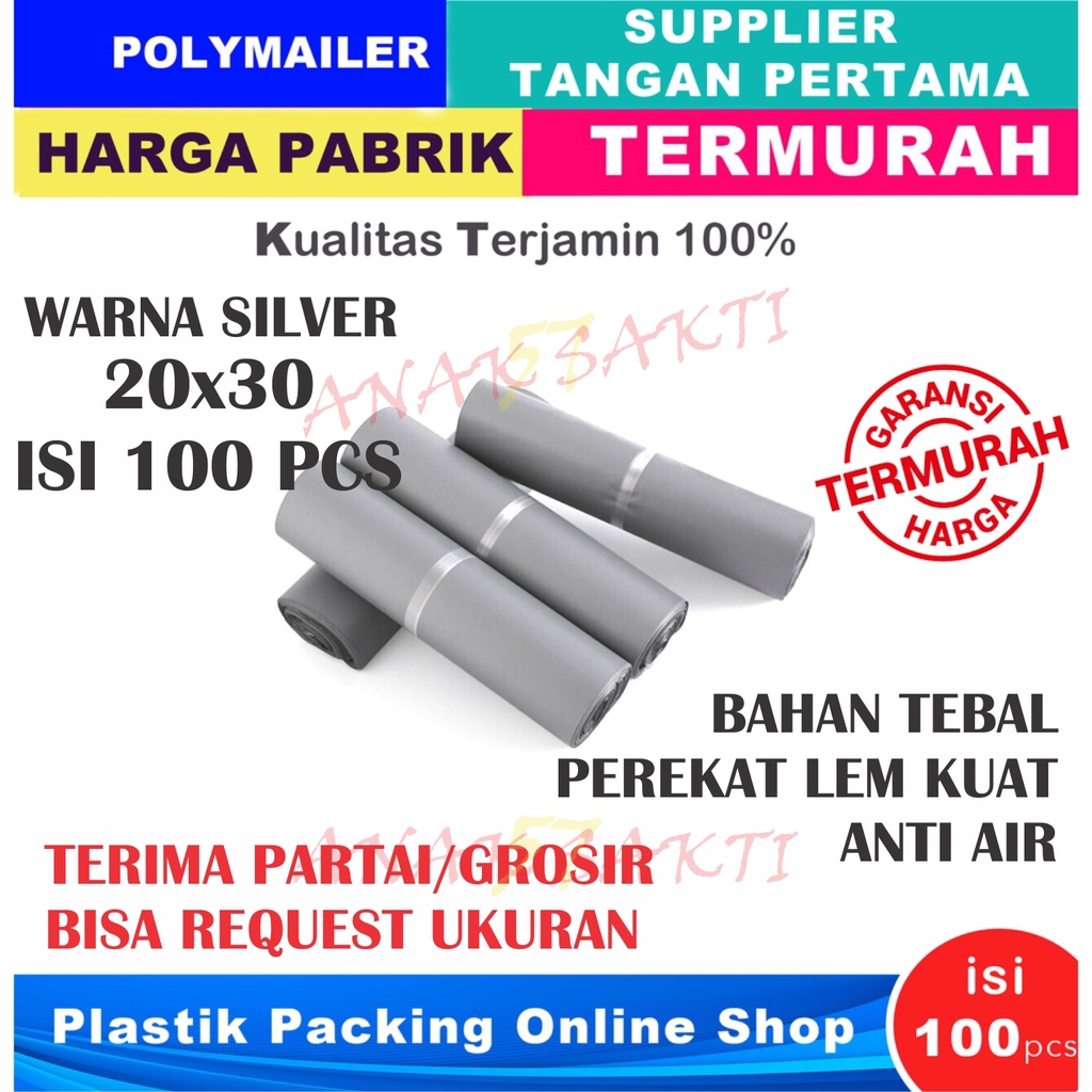 Plastik Polymailer Polymer Polimer Packingan Online Shop Amplop Plastik Packing Olshop SILVER ABU ABU PE 20X30 CM isi 100 pcs