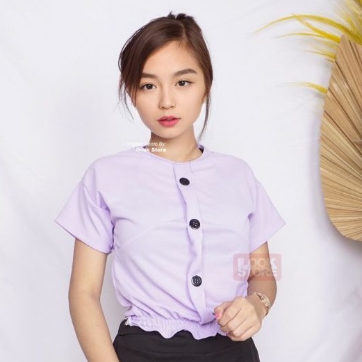 Zoya blouse Lilac blue kancing mati button pinggang karet lengan balon puff lengan pendek biru atasan wanita