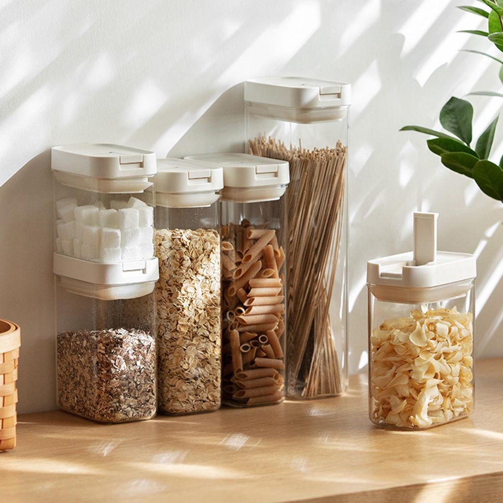 [Elegan] Food Canister Dapur Cemilan Mie Transparan Stackable Dengan Tutup Plastik Organizer Kaleng Tetap Segar Toples