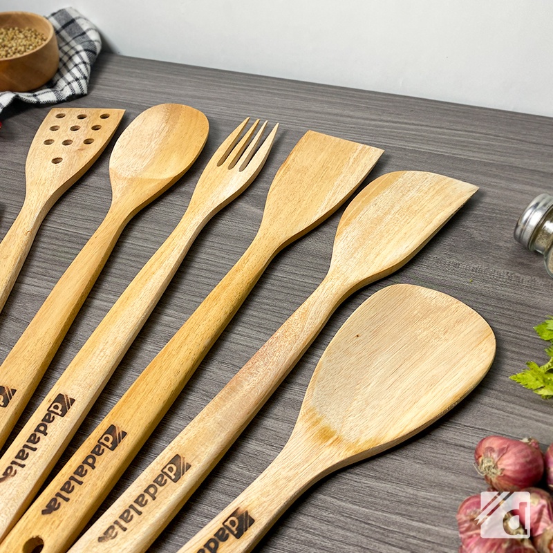 DADALALA Spatula Set / Sodet (Isi 7 Pcs) Panjang 35 Cm Peralatan Masak Bahan Kayu Mahoni Tahan Panas dan Anti Lengket