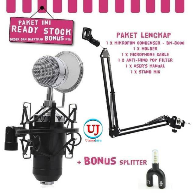 Paket Microphone BM8000 Stand Arm U Splitter Mic Smule Terbaik