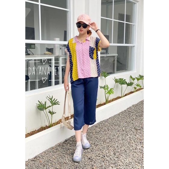 setelan celana 7/8 /dayana set/setelan atas motif bawah polos/COD-3