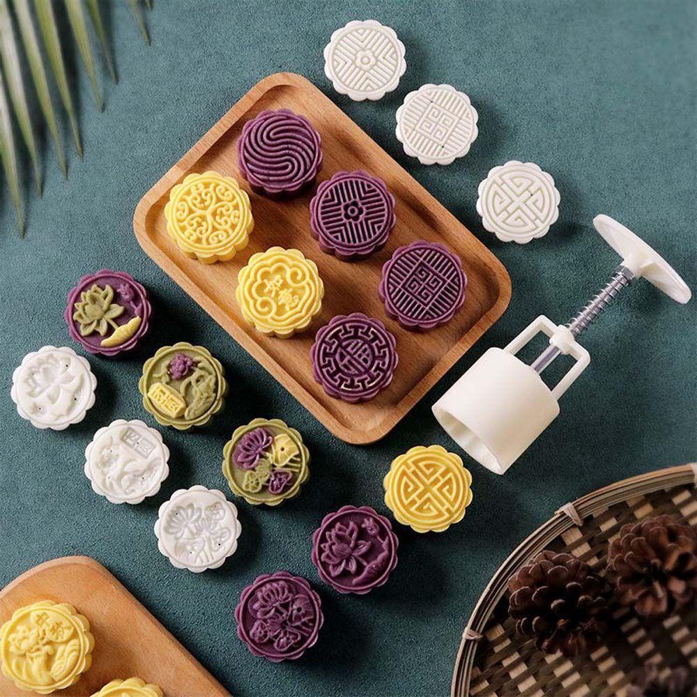 [Elegan] Cetakan Mooncake Berbentuk Bunga DIY Tekanan Tangan Dengan Stamp Dekorasi Mid Autumn Festival Baking Tool