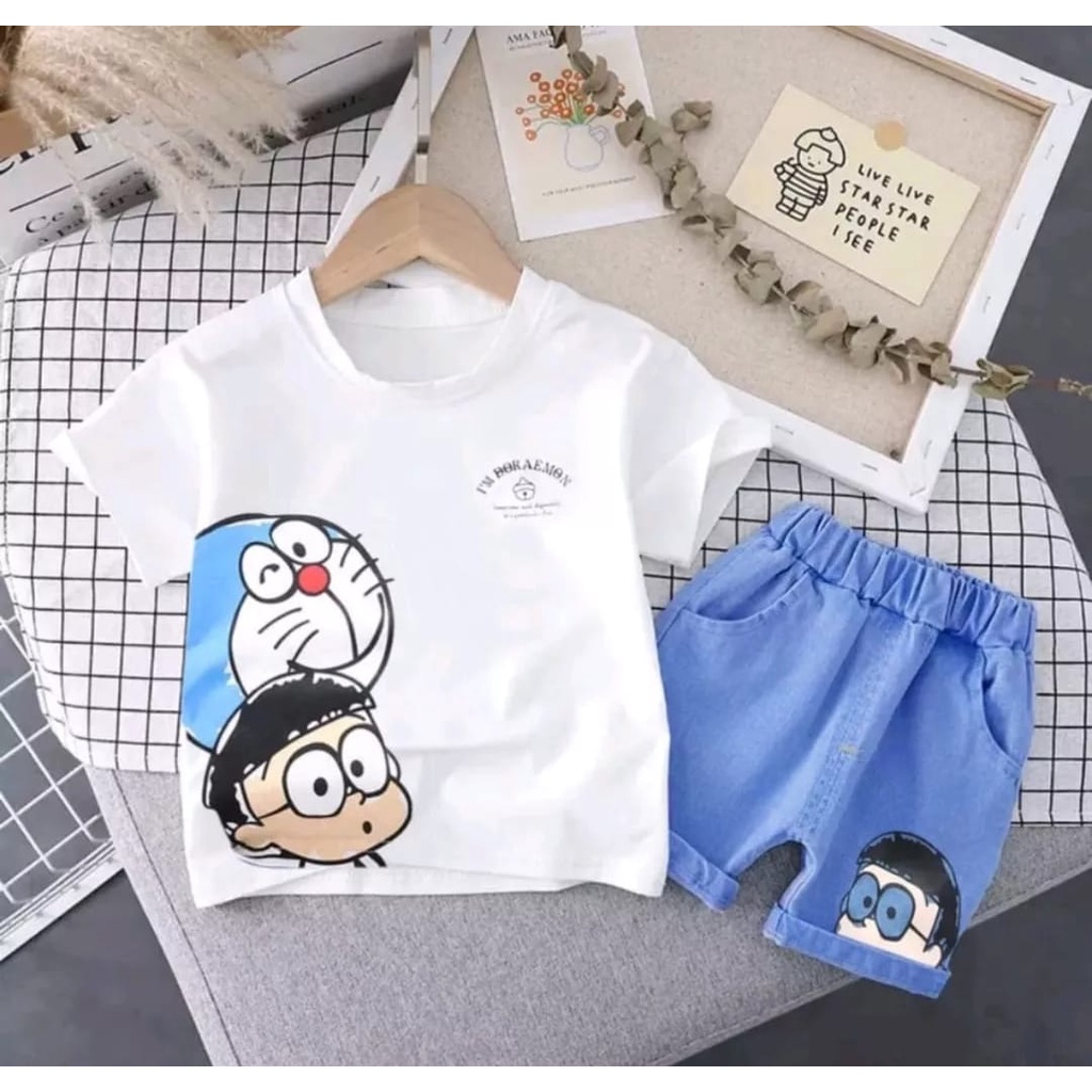 SETELAN BAJU KAOS NOBITA DENIM ANAK LAKI LAKI DAN PEREMPUAN 1-5 TAHUN PILIH WARNA /SETELAN BAJU ANAK