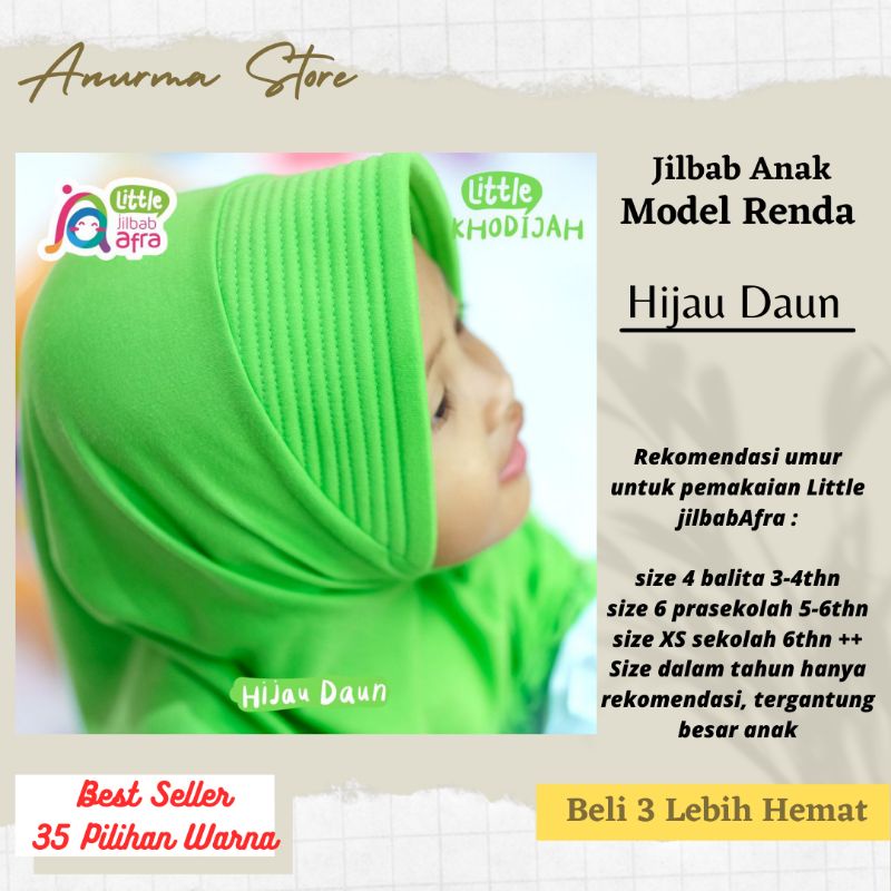 Jilbab Anak Little Khadijah warna Hijau Daun size 4, 6, XS by Jilbab Afra