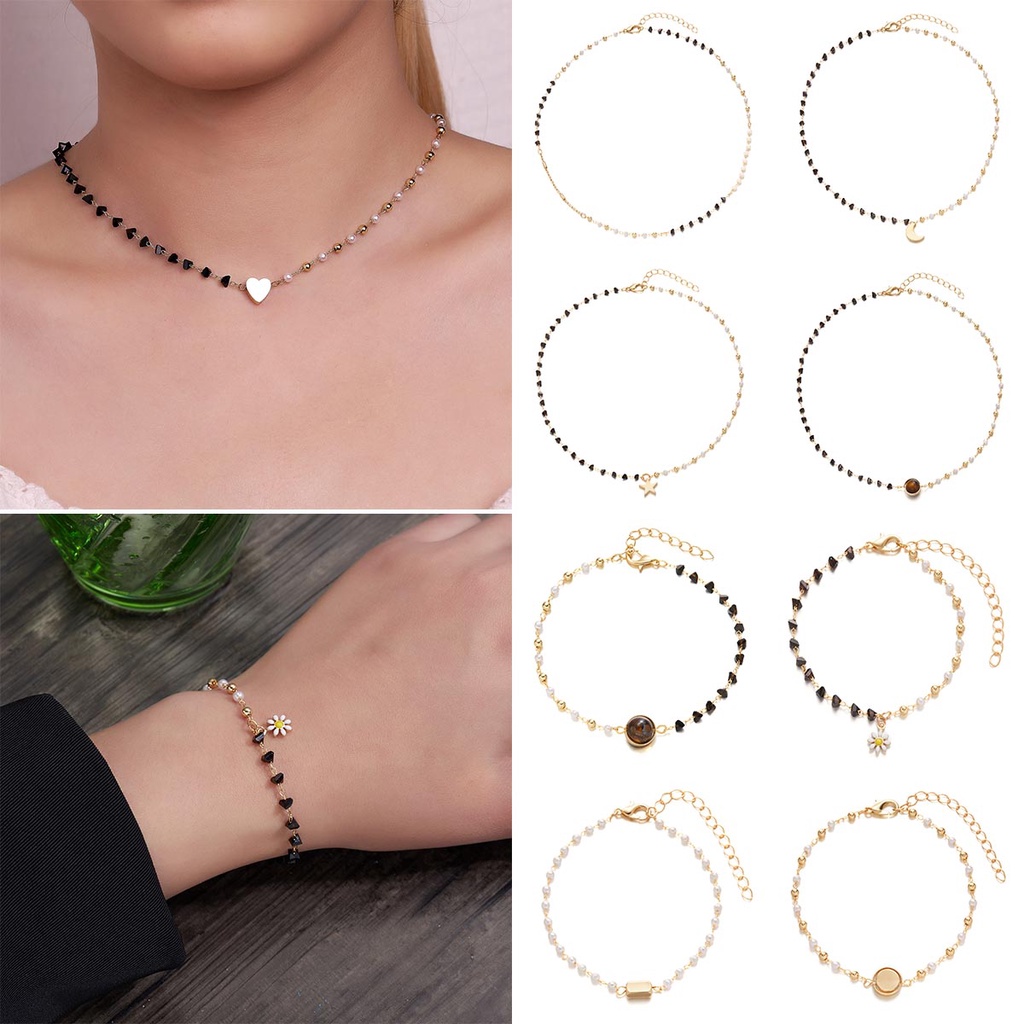 Set Perhiasan Kalung Gelang Rantai Dengan Liontin Bunga Daisy Peach Hati Kristal Tidak Teratur