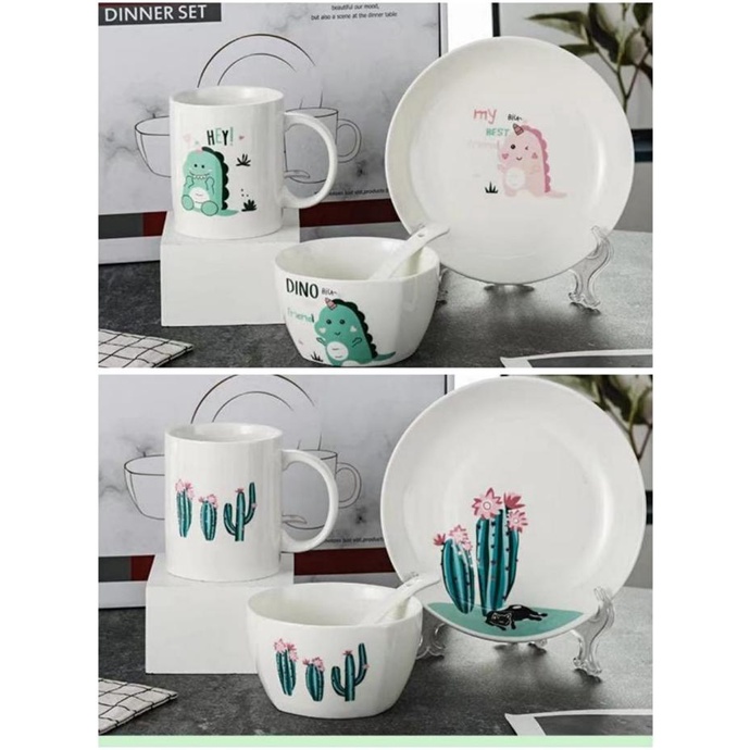 =+=+=+] Ceramic Tableware 4pc Dinner Set Keramik Piring Mangkok Sendok Gelas