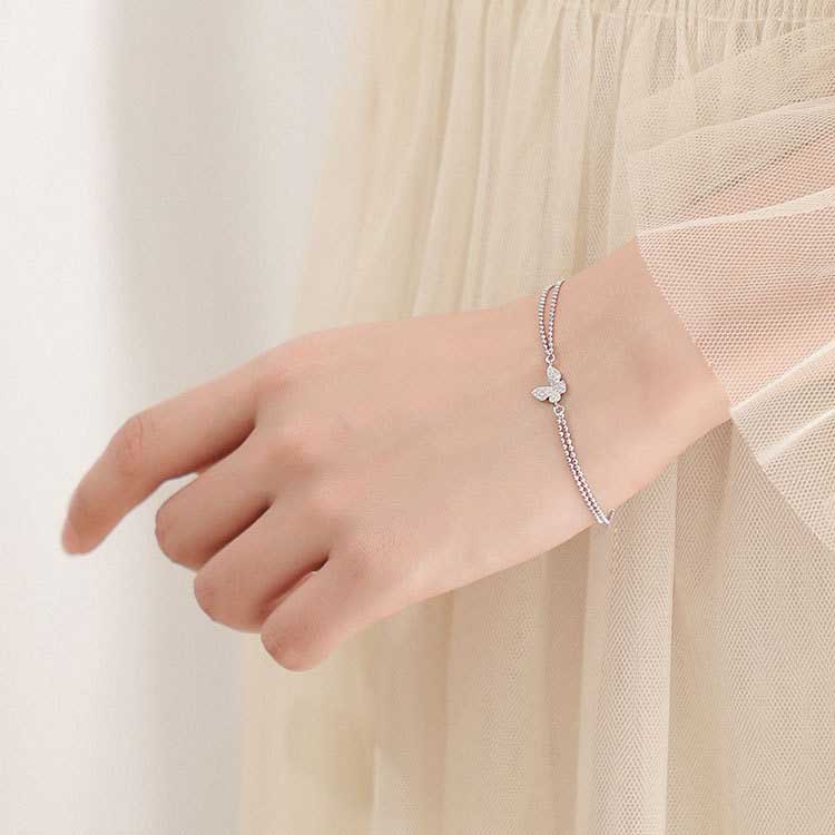 Gelang Rantai Silver Titanium Steel Liontin Kupu-Kupu Hias Kristal Berlian Gaya Korea Untuk Wanita