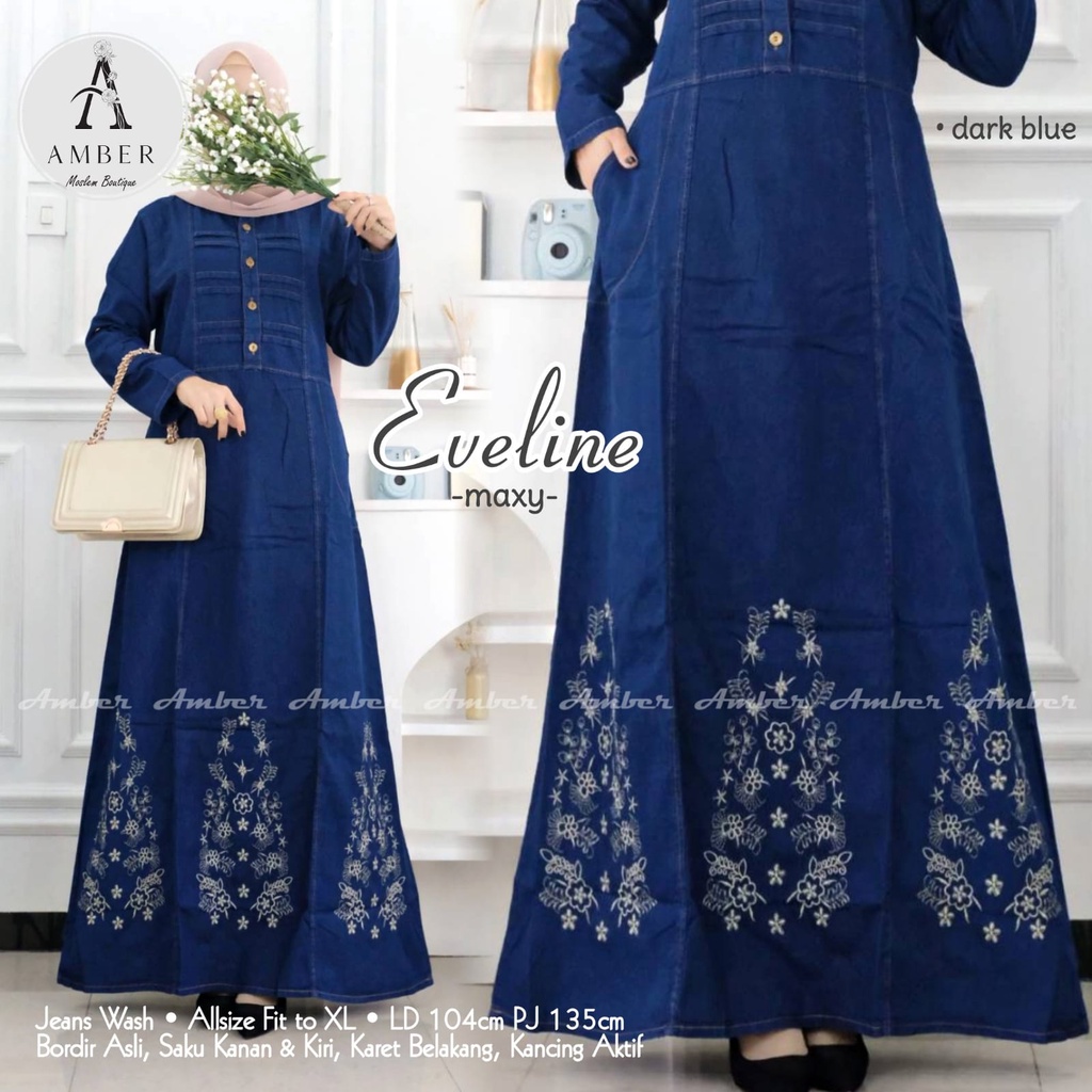 EVELINE DARK BLUE GAMIS MAXY LD 104 CM GAMIS DENIM LEVIS JINS JENS BUSUI PAKAIAN WANITA DRESS MAXY G