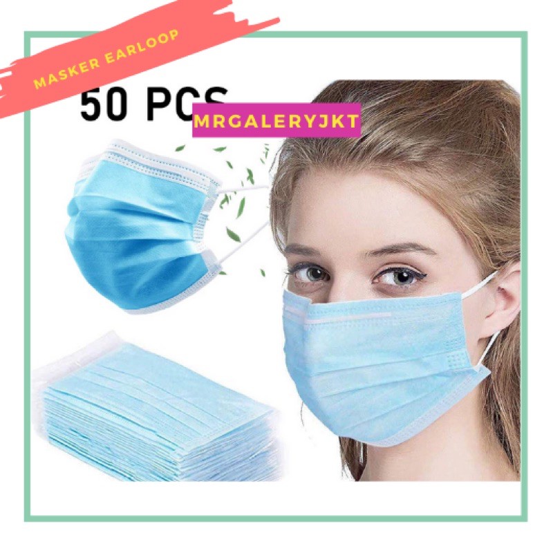 [READY] Masker Kesehatan 3ply Earloop Blue Isi 50pcs