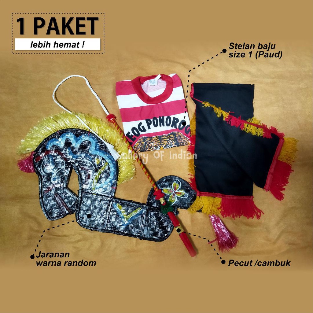 1 Set - Paket mainan anak jaranan kuda lumping anak + pecut/cambuk  + stelan baju reog size mulai Paud-SD