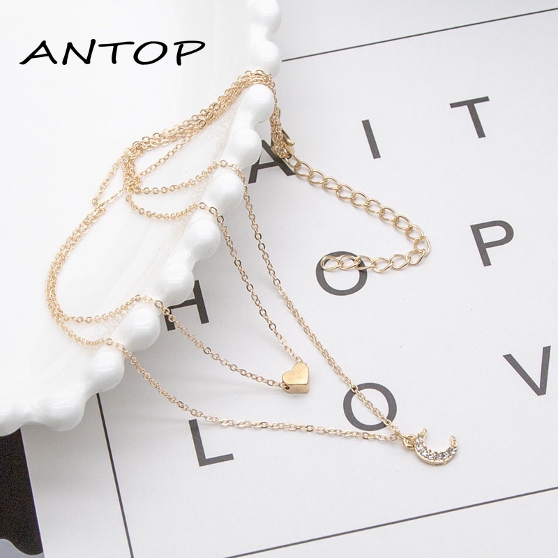 Retro Double-Layer Kalung Cinta Bulan Liontin Peach Hati Rantai Klavikula Aksesoris Fashion ANTOP