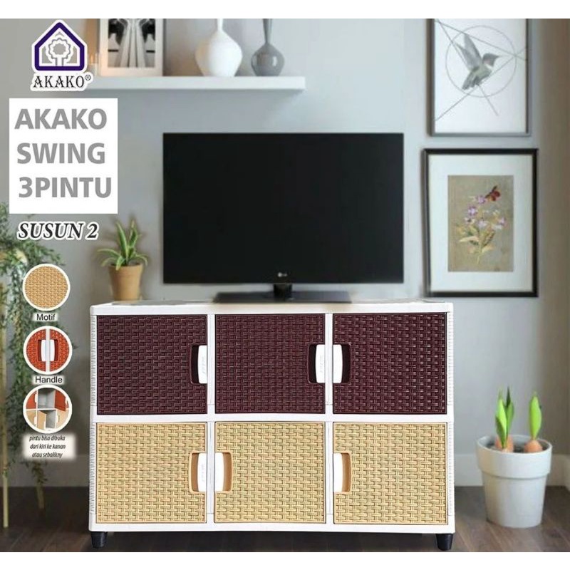 AKAKO SWING- LEMARI PLASTIK AKAKO SWING 3 PINTU SUSUN 2 MOTIF ROTAN MINIMALIS/BUFET /RAK TV