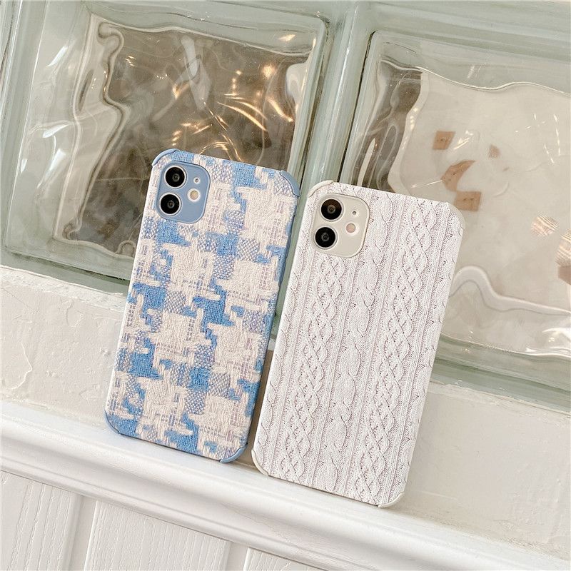 Blue / Beige Fabric Pattern Case iPhone 7 8 + SE 2020 X Xs Xr 11 12 13 Mini Pro Max