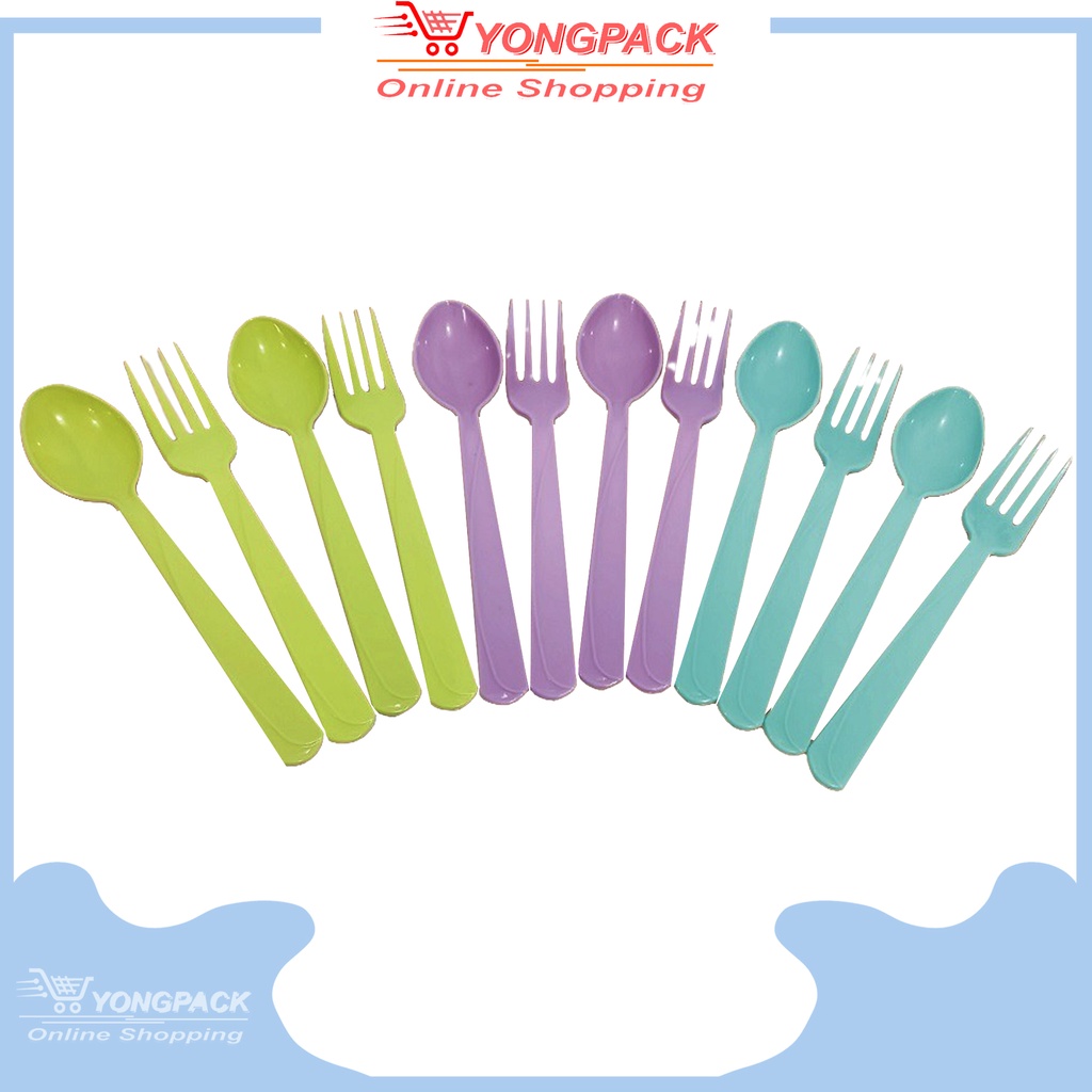 Yongpack - Sendok Makan Tebal 1 Lusin Mix Warna / Sendok Plastik / Sendok Garpu Set Plastik Doby Gro