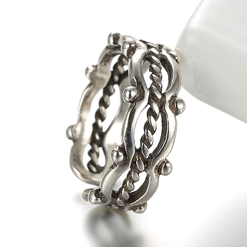 cincin perak 925 asli untuk wanita/Cincin yang Dapat Disesuaikan Berongga Hitam Retro Perhiasan