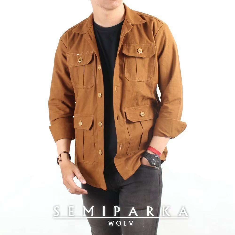 WOLV ORIGINAL JAKET SEMI PARKA jaket button jacket pria warna almond double pocket art WSP202