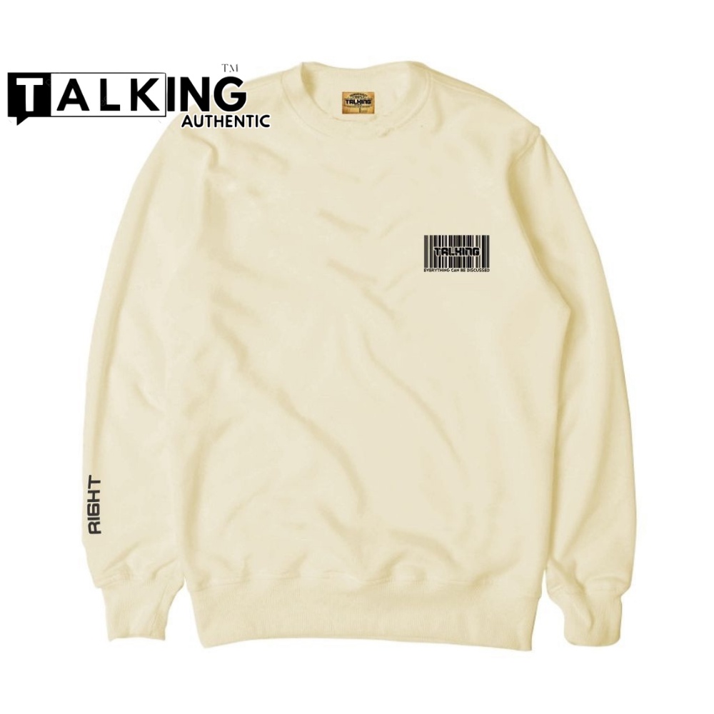 Talking Sweater Pria Oblong Cream Jumbo Crewneck Oversize Switer Kruneck Cewek Cowok Korean Style Murah Motif BArcode