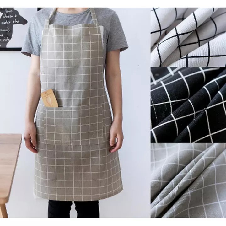 CELEMEK MASAK KATUN LINEN MOTIF KOTAK MINIMALIS - APRON MULTIFUNGSI MASAK DAPUR BARBER CAFE RESTO