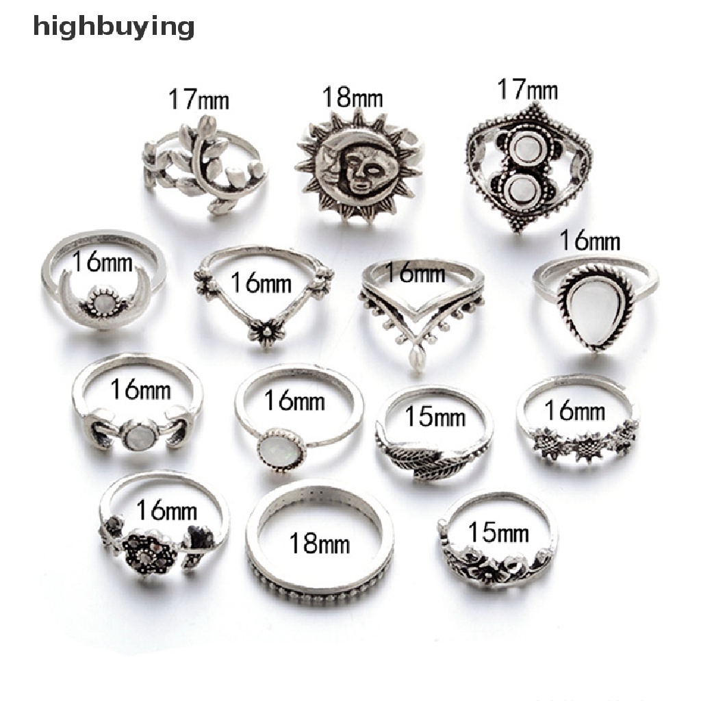 Hbid 14Pcs / Set Cincin Buku Jari Aneka Bentuk Warna Silver Gaya Boho Untuk Wanita