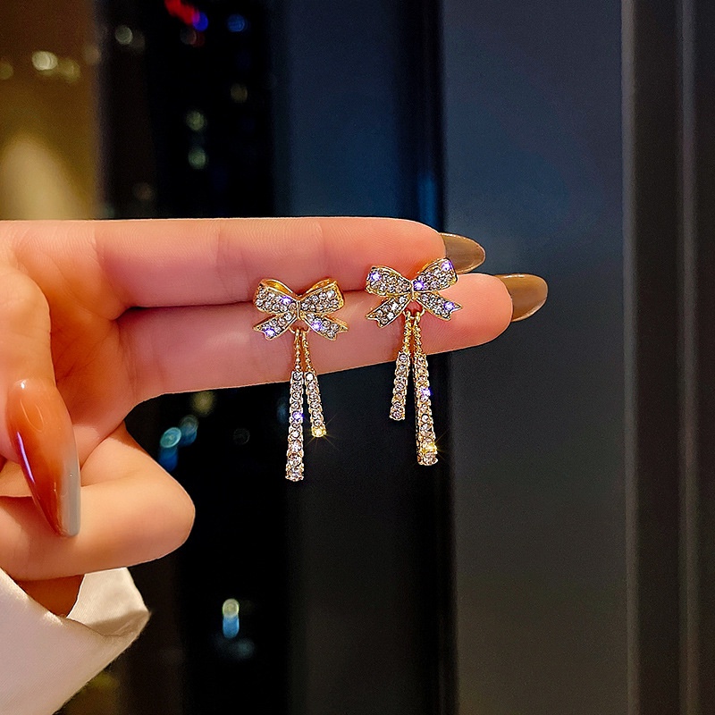 Shuling S925 silver needle Full Diamond Bow Earrings Female Fashion Long Earrings