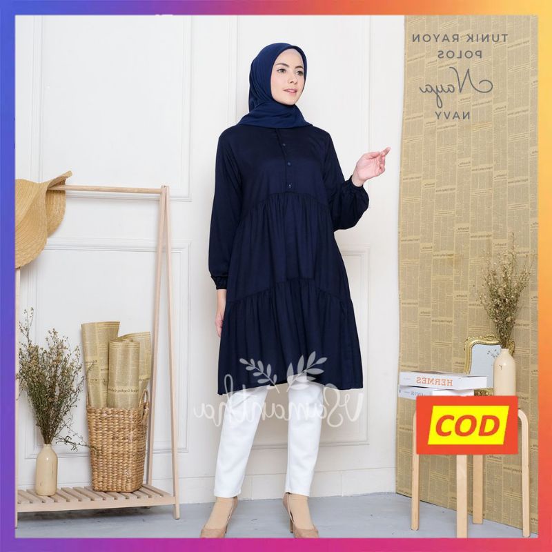 Nanoystore Tunik Muslim Polos Rempel Lengan Panjang Motif Bahan Rayon Premium Warna Navy
