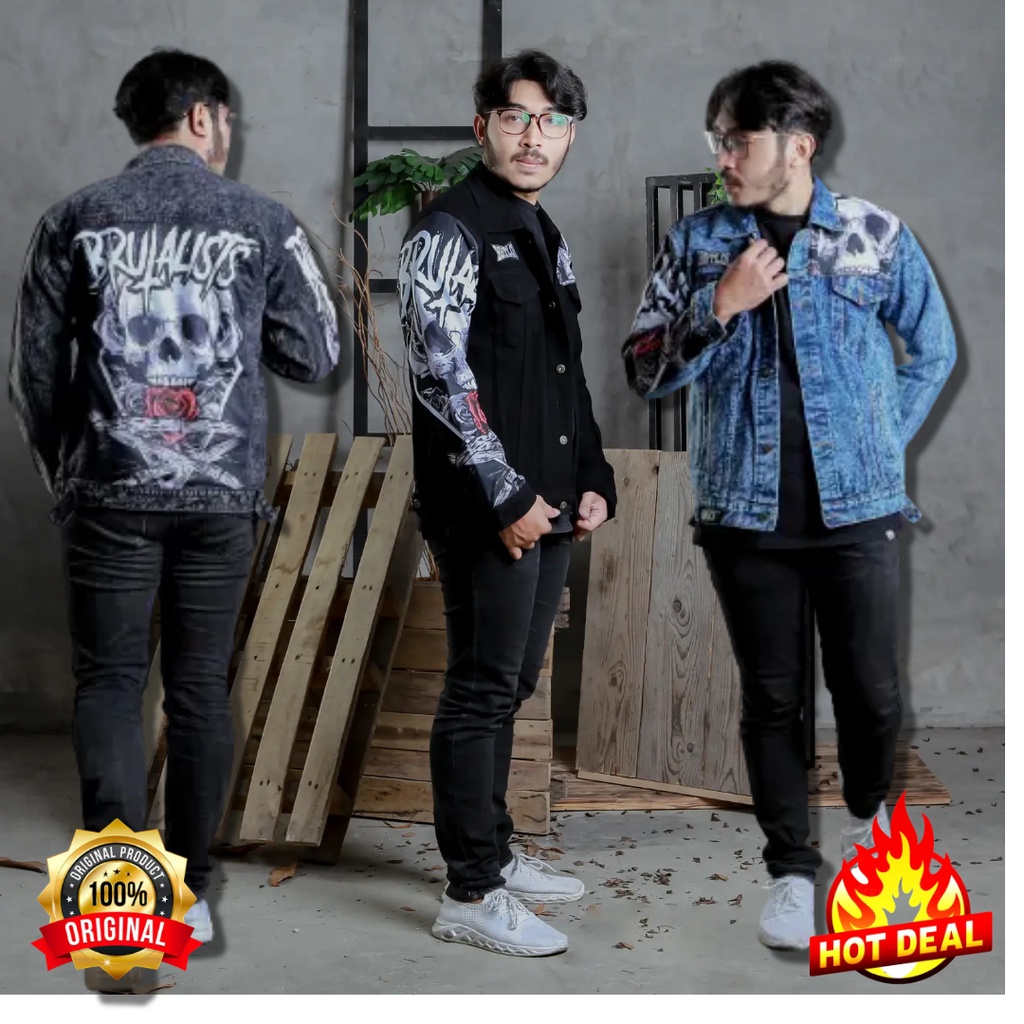 Jaket pria jaket jeans wanita original Brutalist denim motip tengkorak