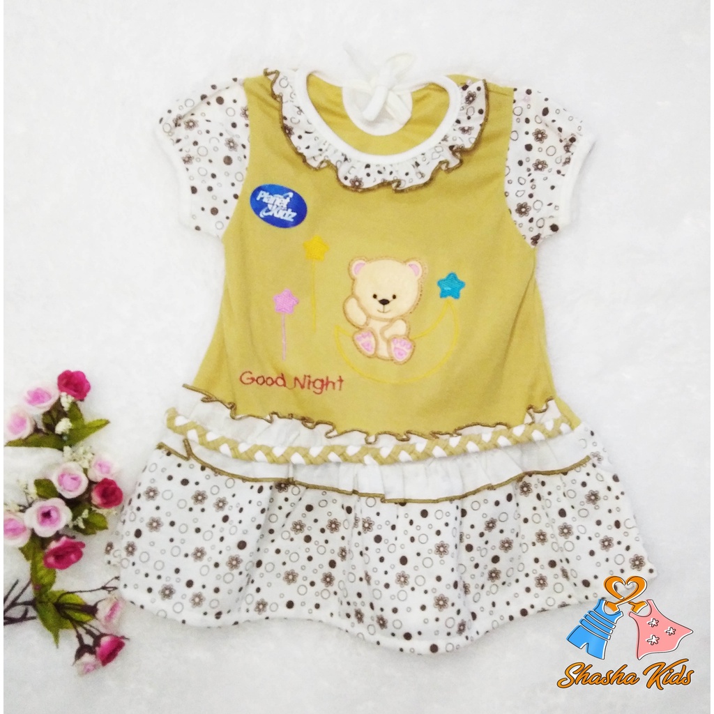 [L-014] Baju Bayi Perempuan/ Dress Bayi Perempuan Planet Kids cantik motif lucu 3-6 bln