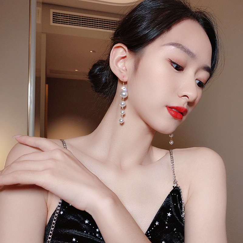 S925 perak telinga hook Korea Dongdaemun panjang mutiara Grace selebriti Internet serbaguna anting-a