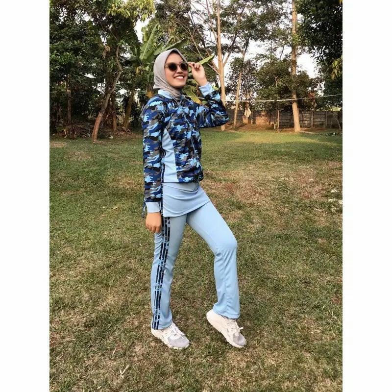 setelan baju senam loreng biru