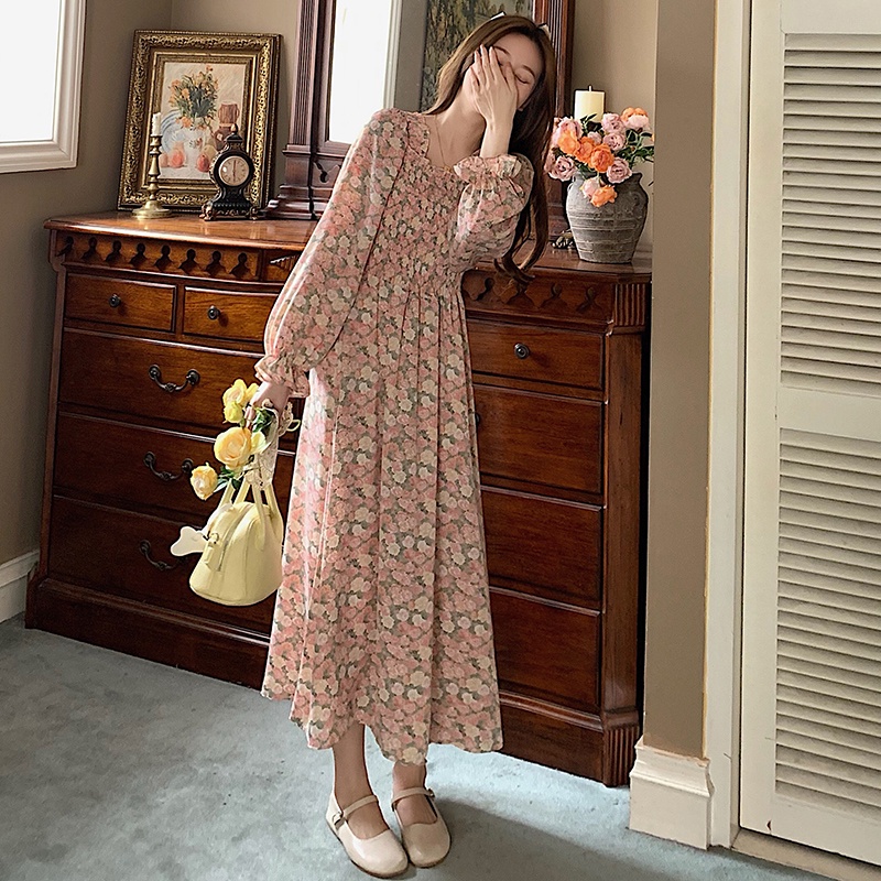 AIMEI Vintage French Square Neck Chiffon High Waist Mid-length Dress-1