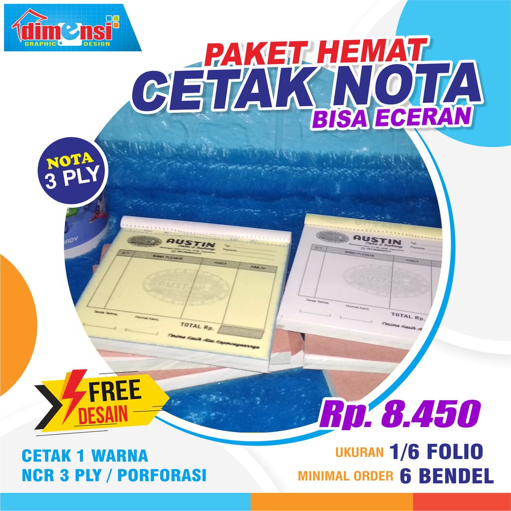 

(MINIMAL 6 BENDEL) Cetak Nota / Bon / Invoice / Kwitansi Rangkap 3 Uk. 1/6 Folio