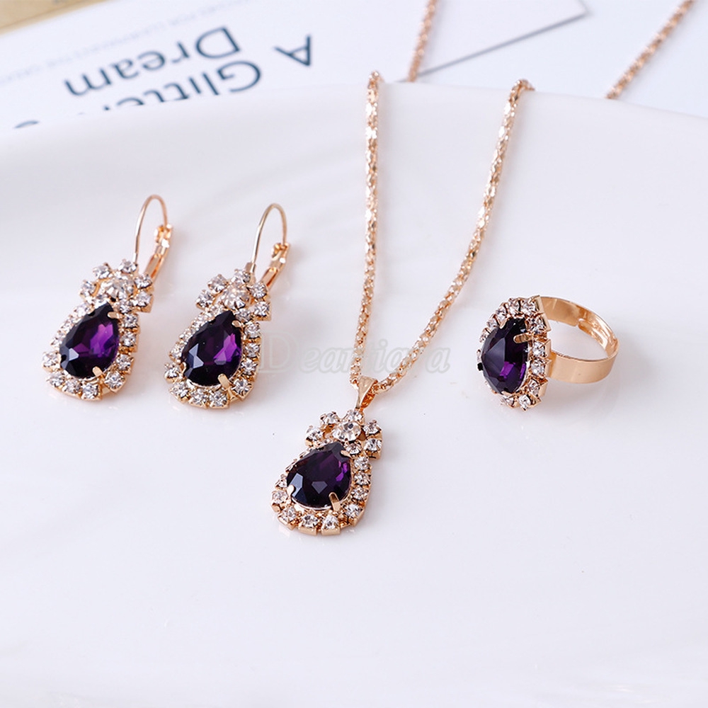 Set Perhiasan Kalung Anting Cincin Berlian Imitasi Bentuk Tetesan Air Untuk Pengantin