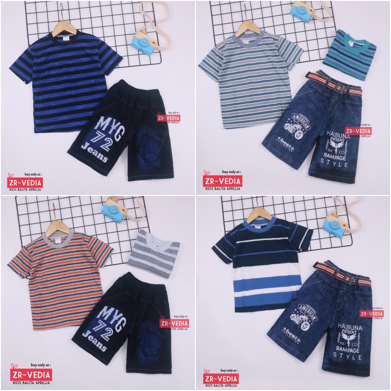 Setelan Salur Jeans uk 3-5 Tahun / Kaos Anak Laki Jeans Pendek Baju Lengan Setelan Murah Oblong