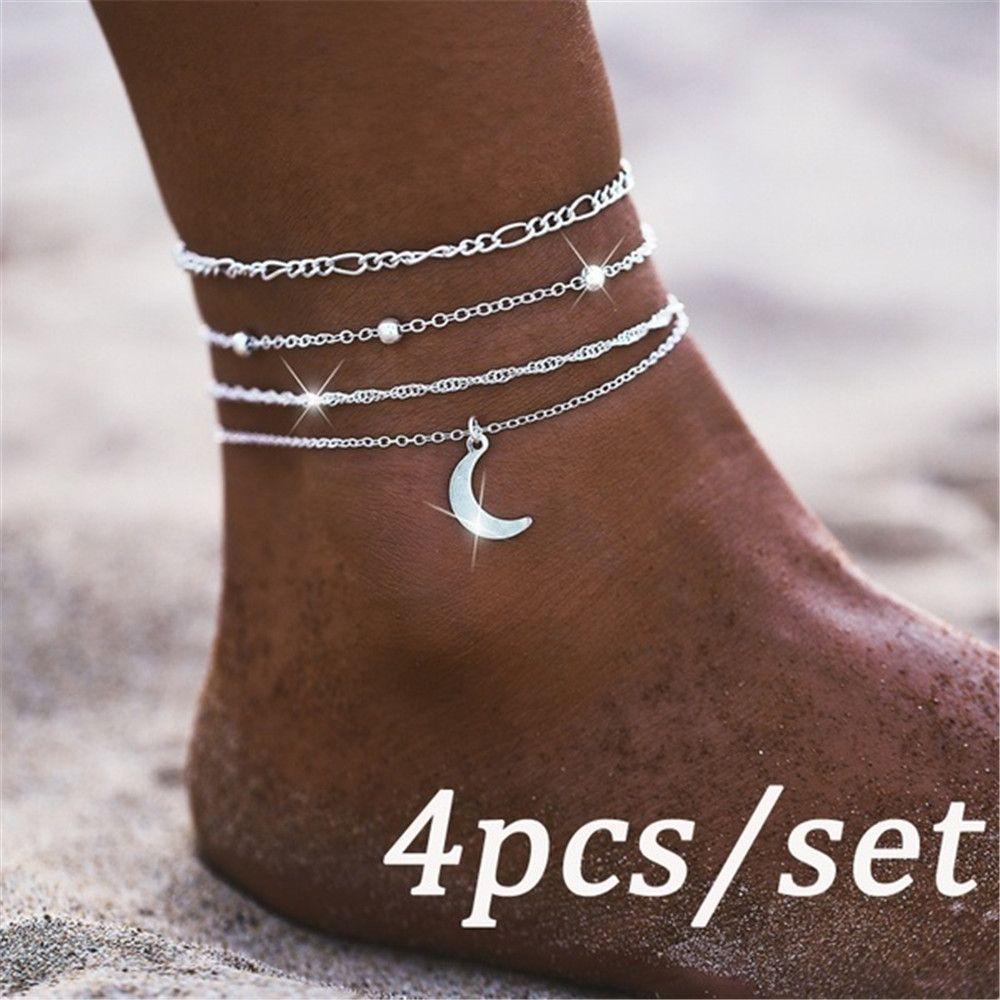 Lily 4PCS /Set Gelang Kaki Bulan Boho Manik-Manik Warna Silver Multilayer Barefoot Anklet