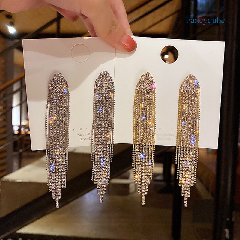 Fancyqube Anting Rumbai Panjang Bentuk Segitiga Geometris Aksen Kristal Berlian Imitasi Untuk Wanita