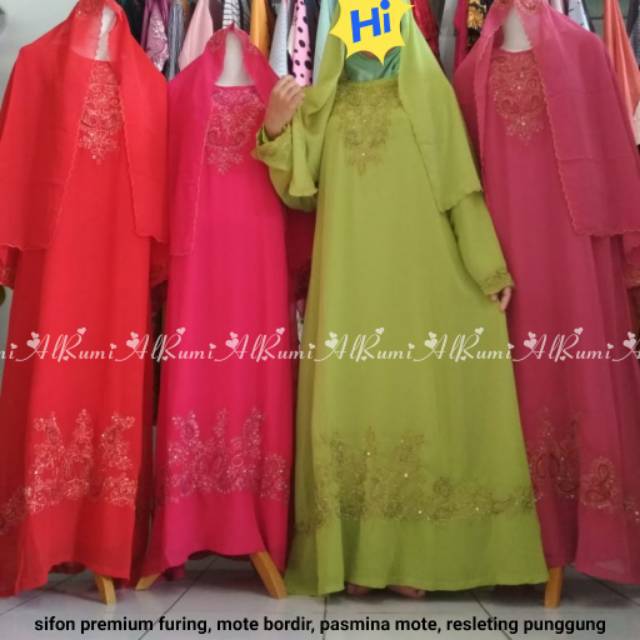 Set Gamis Sifon Premium Bordir Pashmina mote jumbo xxxl