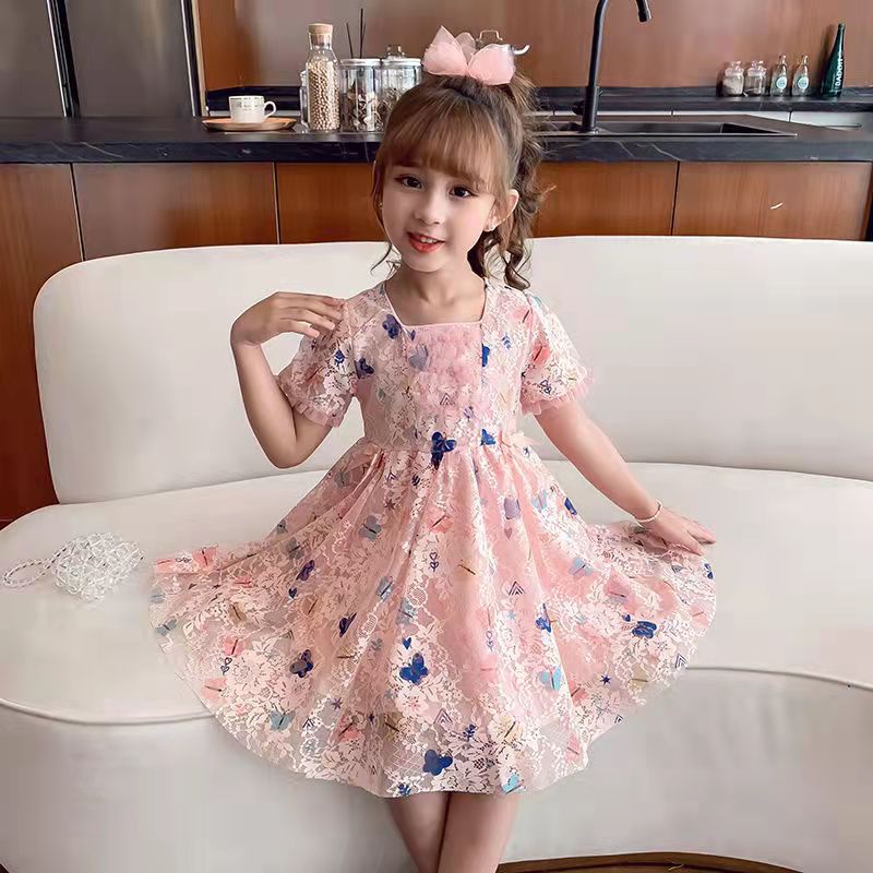 KF CAT Dress Brukat Anak Perempuan Import /Gaun Princess Pesta Lengan Pendek Ruffle Rok Panjang Renda Mewah Motif Kupu Kupu Untuk Usia 3-7 thn-4