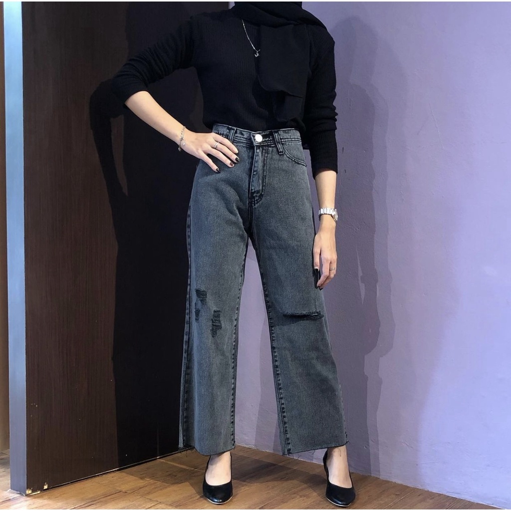 (FREEBELT) - Lally Cullote Jeans Snow / Celana Jeans Kulot Unfinished Wanita