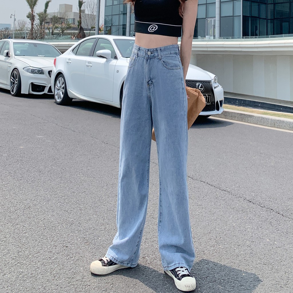 Celana Jeans Wanita Korea Style Loose High Waist Straight Pants