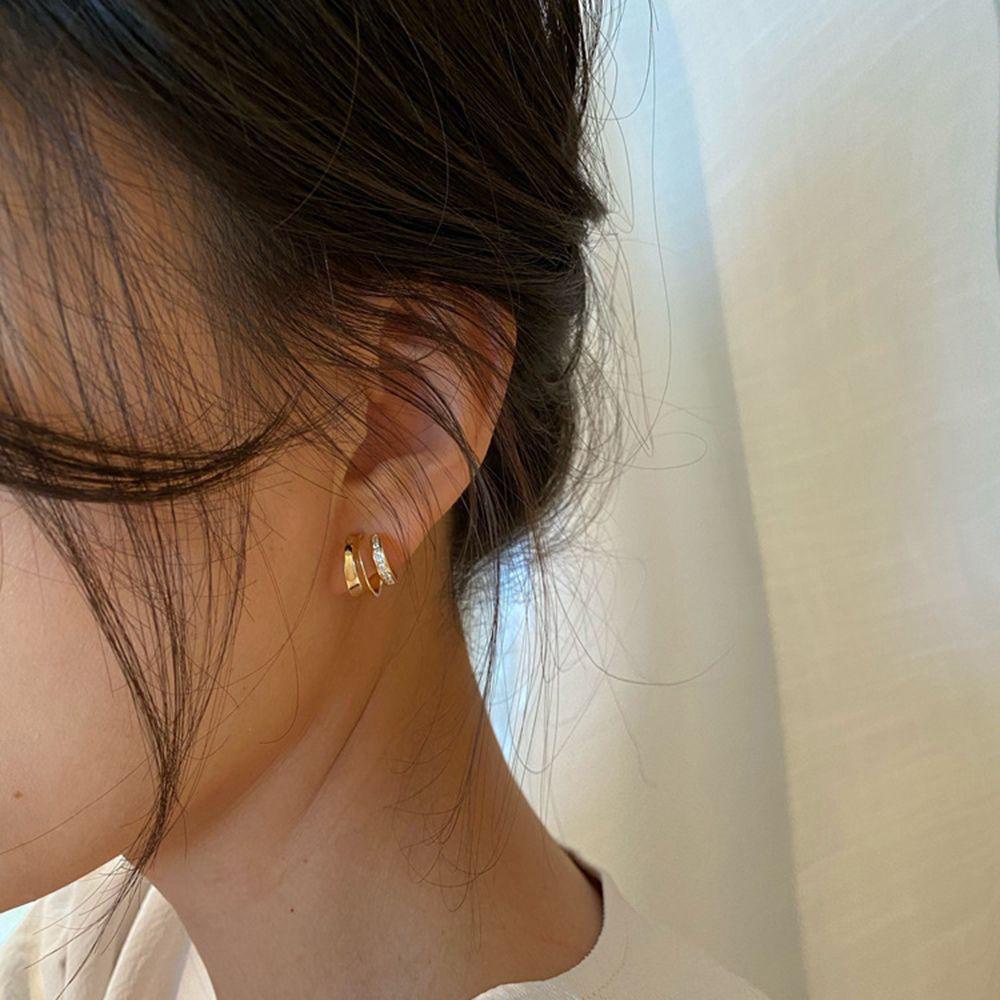 Needway C Shaped Earrings Hoop Earrings Hadiah Pesta Mewah Lingkaran Ganda Alloy Kristal Stud Earrings